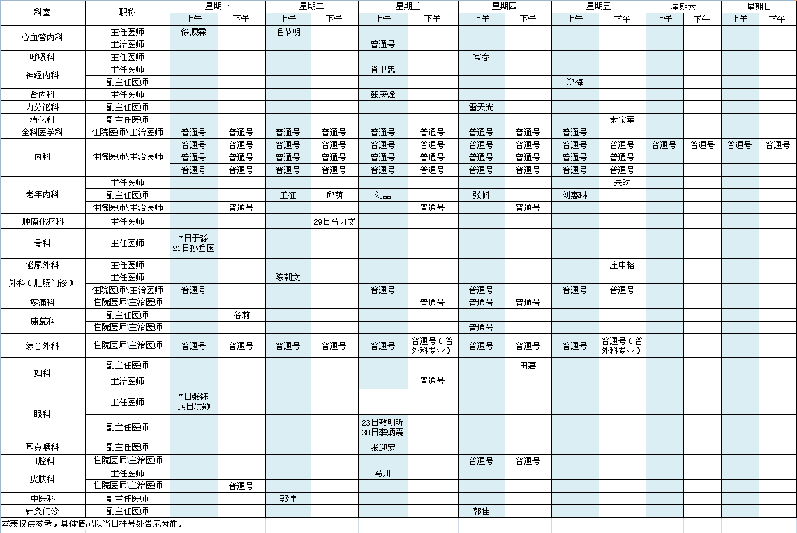 中央党校院区2022年11月出诊安排