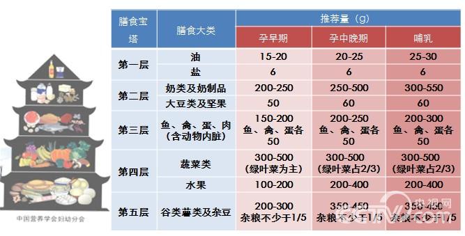 不同孕期的膳食构成结构以及推荐量(图片来源:北医三院产科)